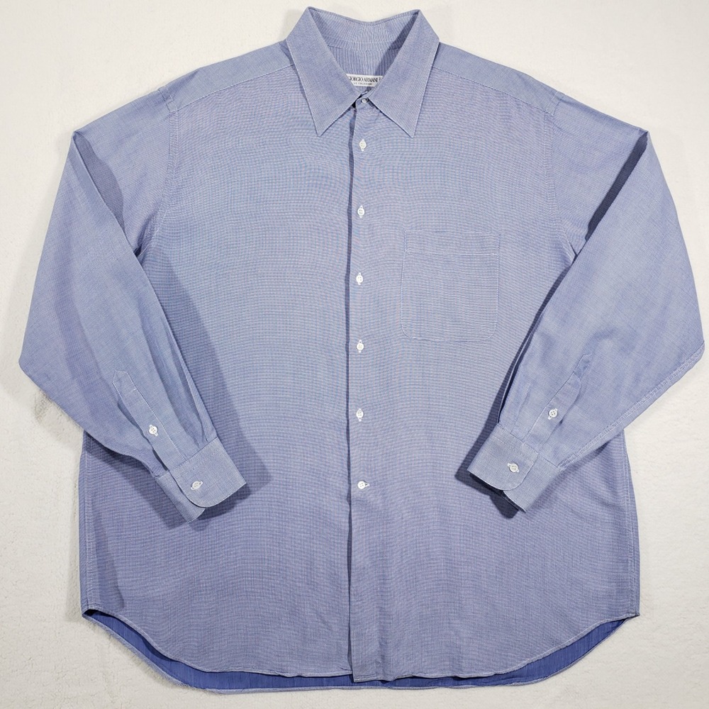 Giorgio Armani Le Collezioni Button Up Shirt Mens 17.5 44 L Blue Micro‎ Check